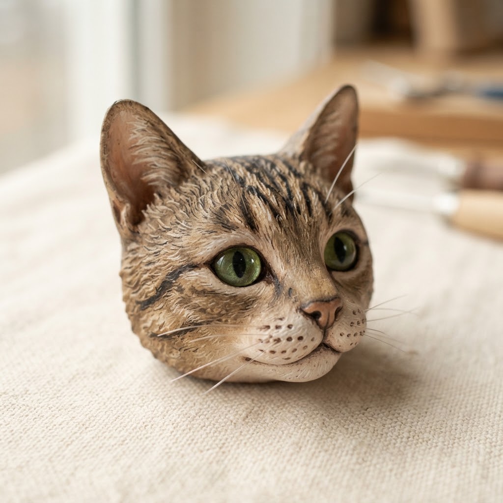 Close-up of a finished cat figurine head showing the eyes, ears, and tabby coat pattern