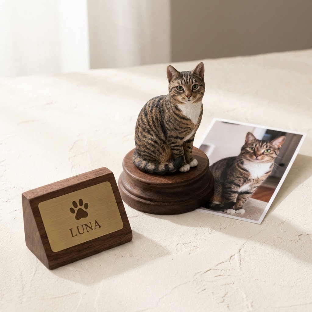 Custom cat figurine on a round dark wooden base shown with a printed photo and a wooden nameplate marked Luna on a light fabric surface
