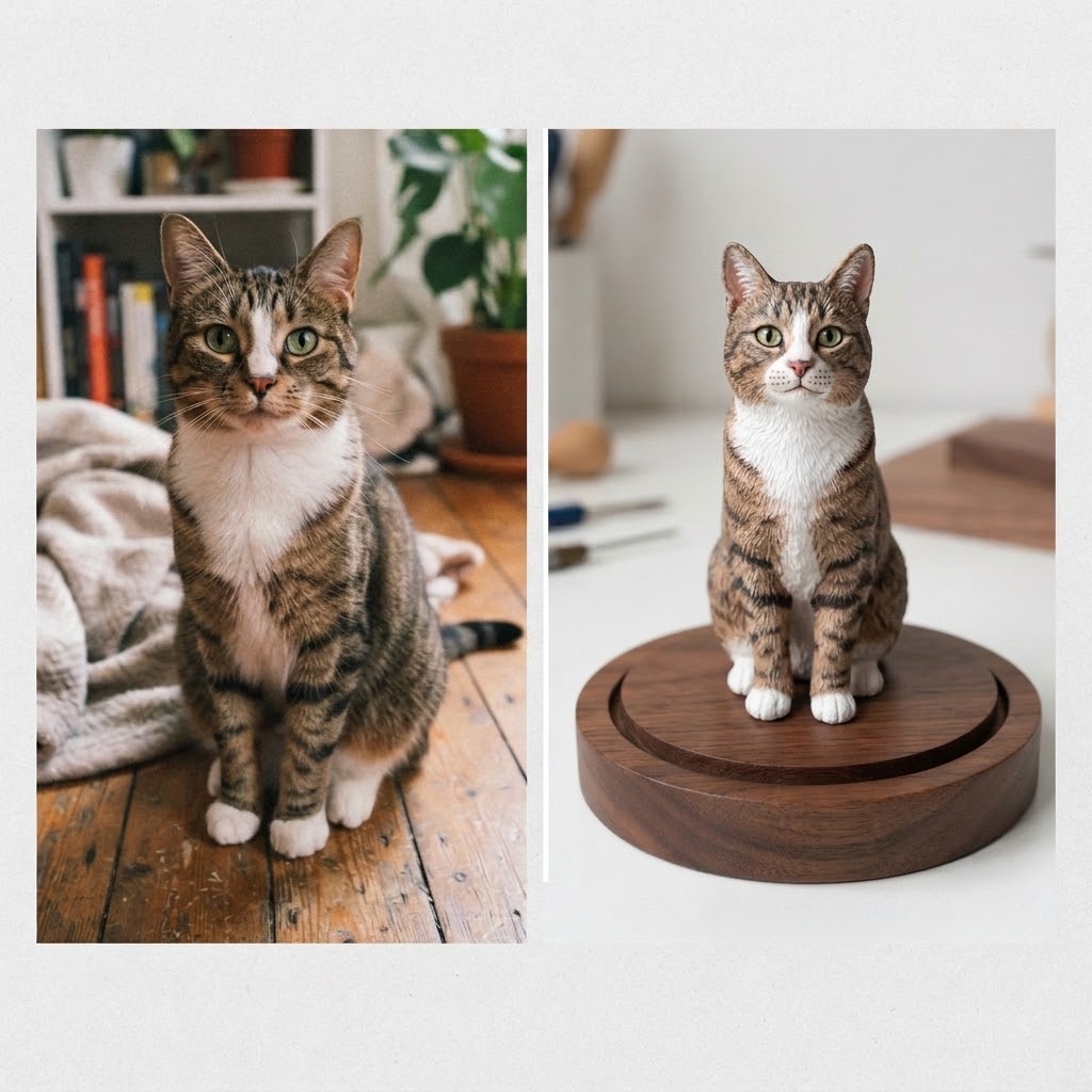 Side-by-side comparison of a photo of a live cat indoors and the finished cat figurine on a round dark wooden base