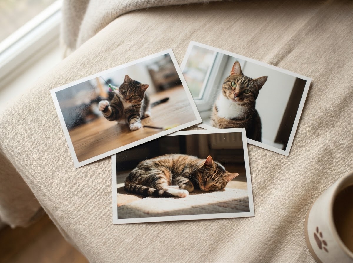 Three casual printed smartphone photos of a cat arranged on a light fabric surface