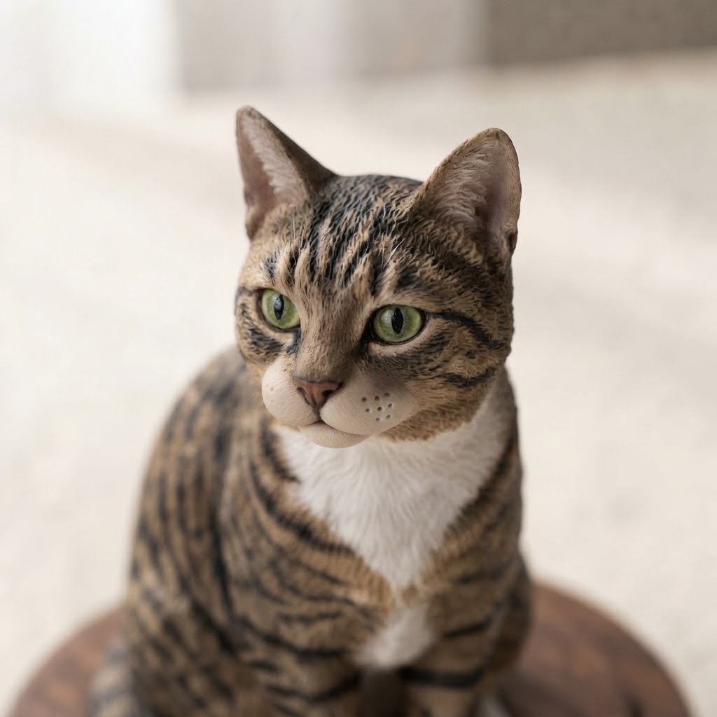 Close-up of a finished cat figurine showing the face and coat markings against a soft light background