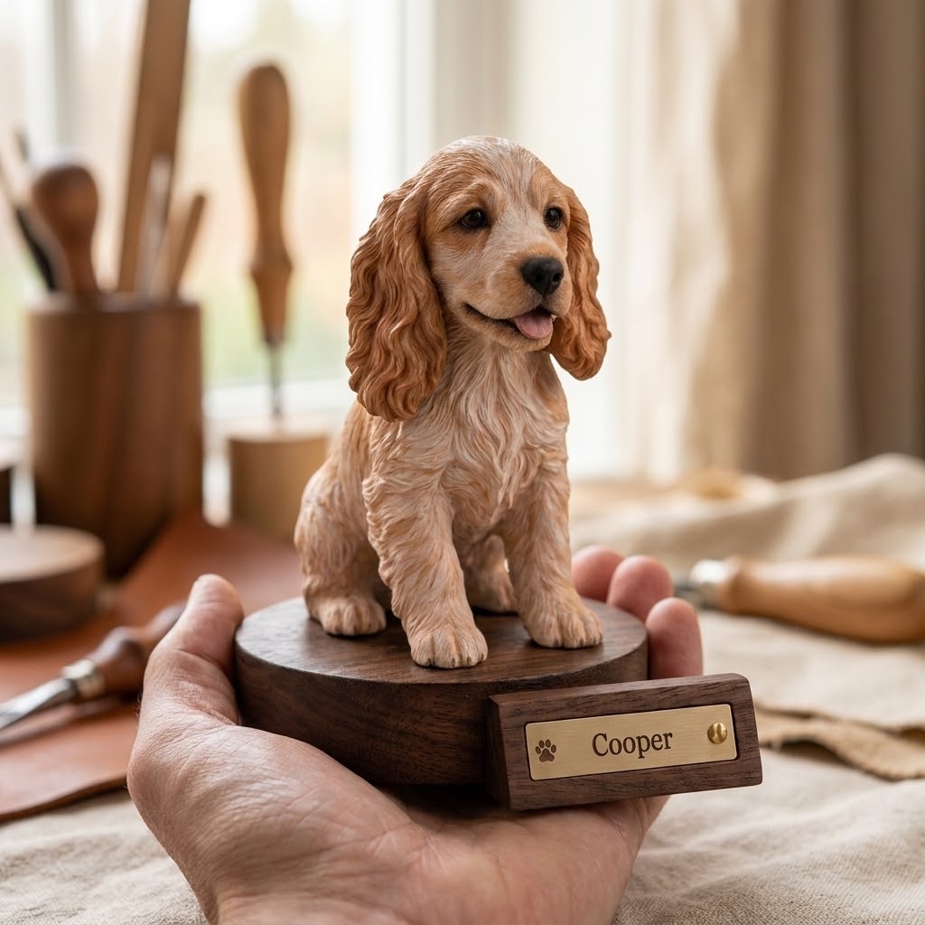Hand holding a finished dog figurine on a round dark wooden base with a brass nameplate