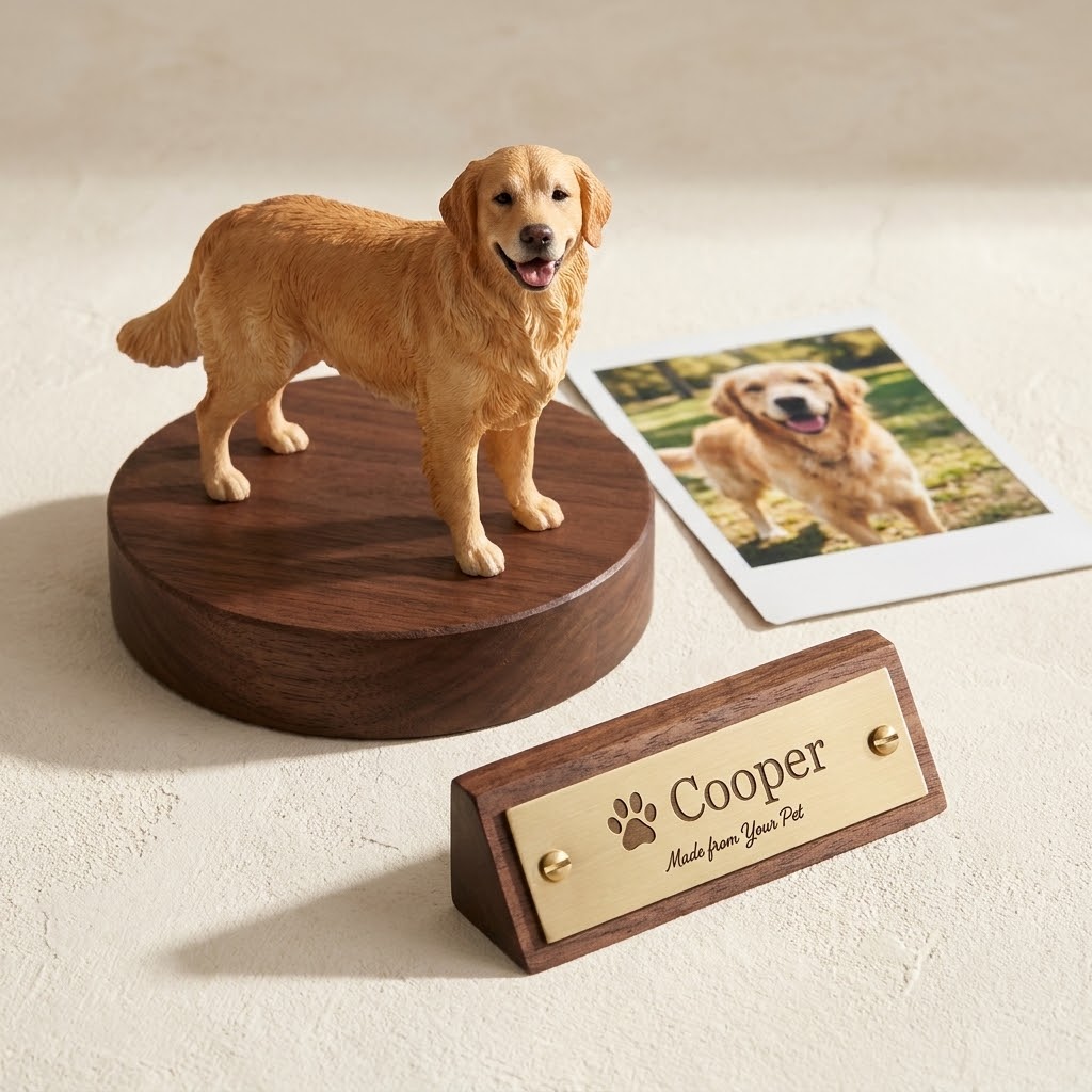 Custom dog figurine on a round dark wooden base, shown beside an original dog photo and optional nameplate