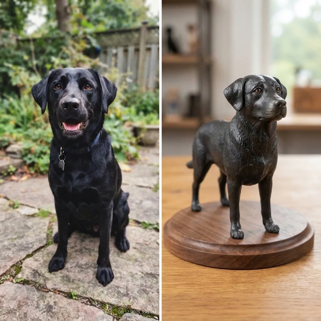 Side-by-side comparison of a photo of a dark-coated dog and the finished figurine on a round wooden base