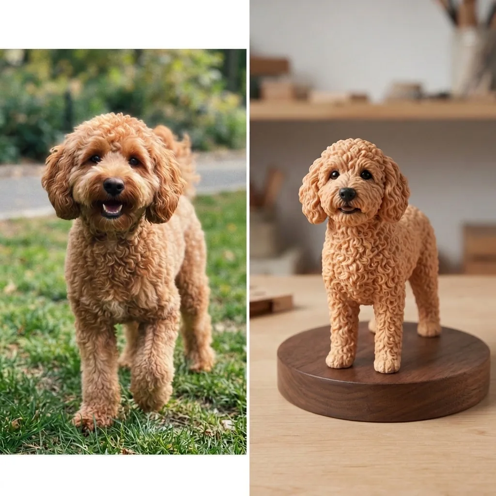 Side-by-side comparison of a photo of a curly-coated dog and the finished figurine on a round wooden base