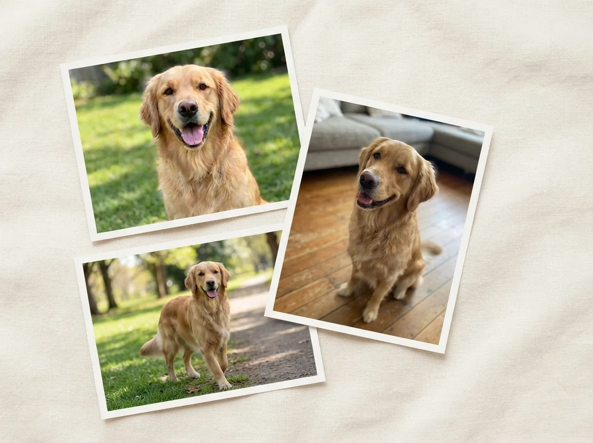 Three casual printed smartphone photos of a dog arranged on warm linen fabric