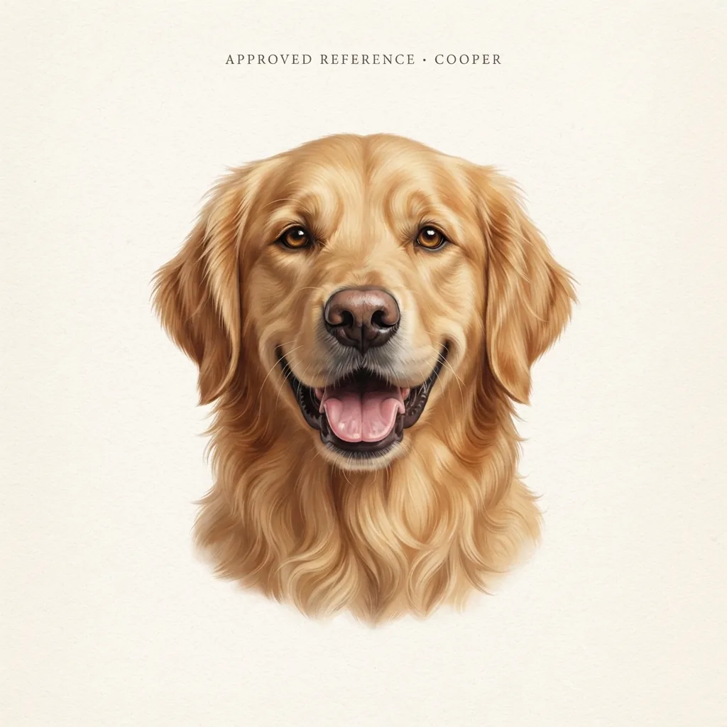 2D reference illustration of a dog head used as a likeness proof