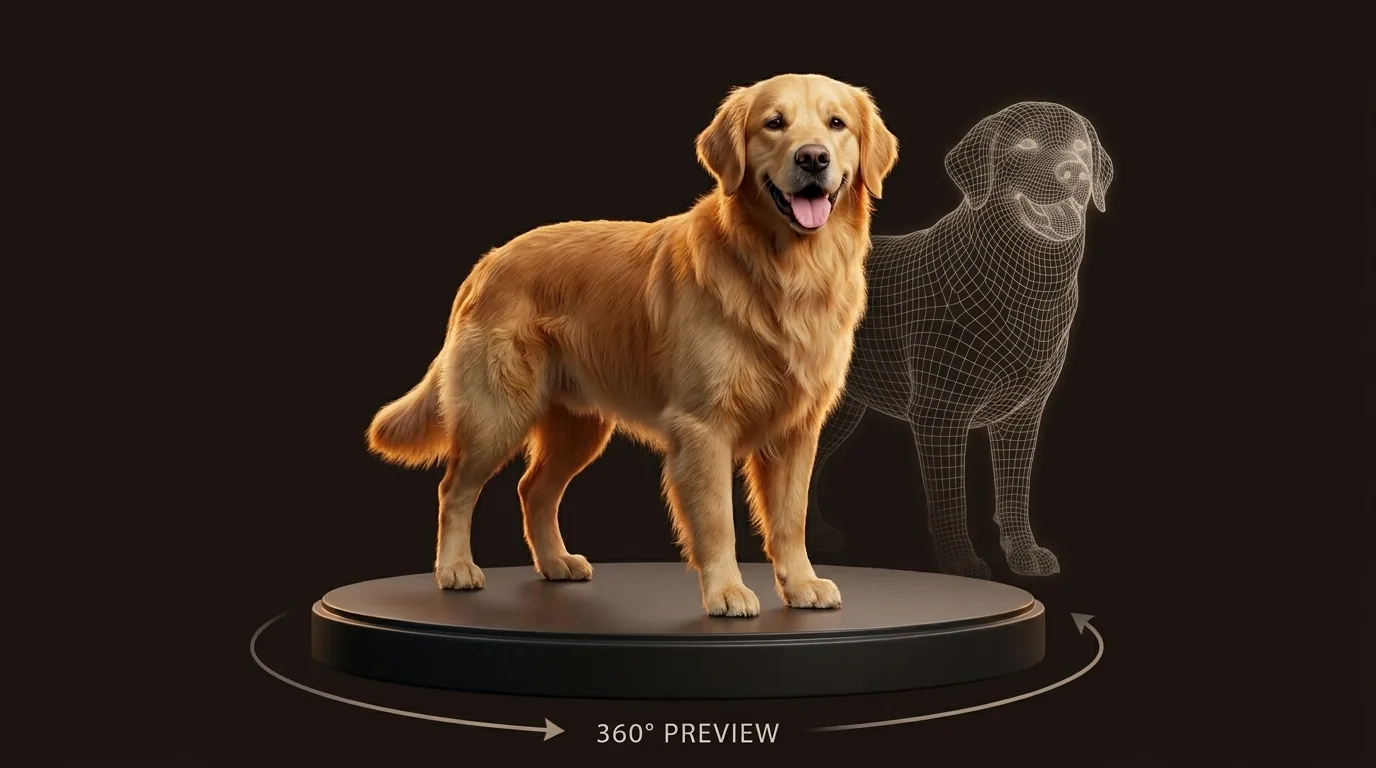 3D preview render of a dog model on a turntable with a wireframe overlay