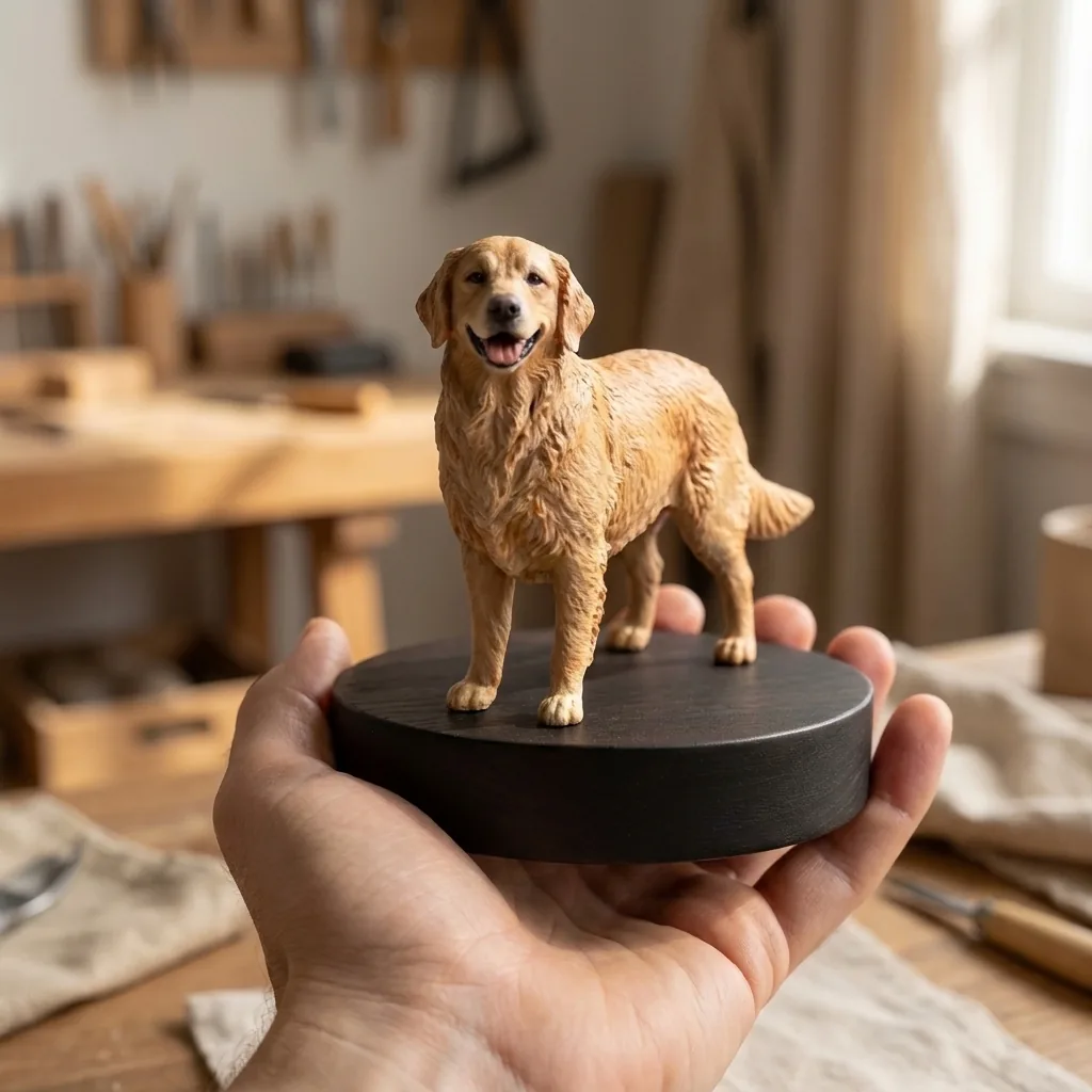 Finished custom dog figurine held in a hand on a round dark wooden base
