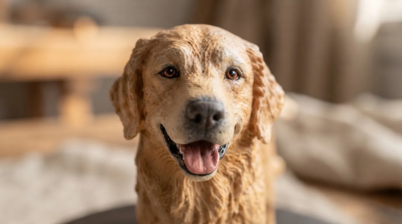 Close-up of a finished physical dog figurine showing sculpted muzzle, eye placement, ear shape, and coat texture